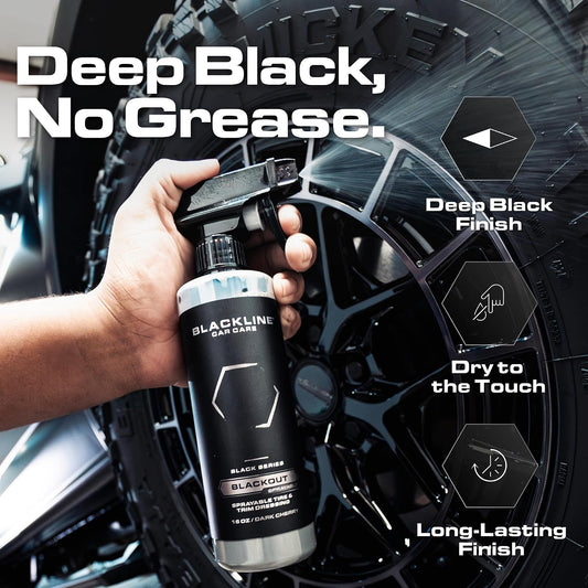 Blackout Sprayable Trim and Tire Dressing - Premium Satin Finish, No Sling, UV and Water Resistant - for Plastic, Rubber, Vinyl, and Tires - Safe for All Vehicles - 16 Fl Oz