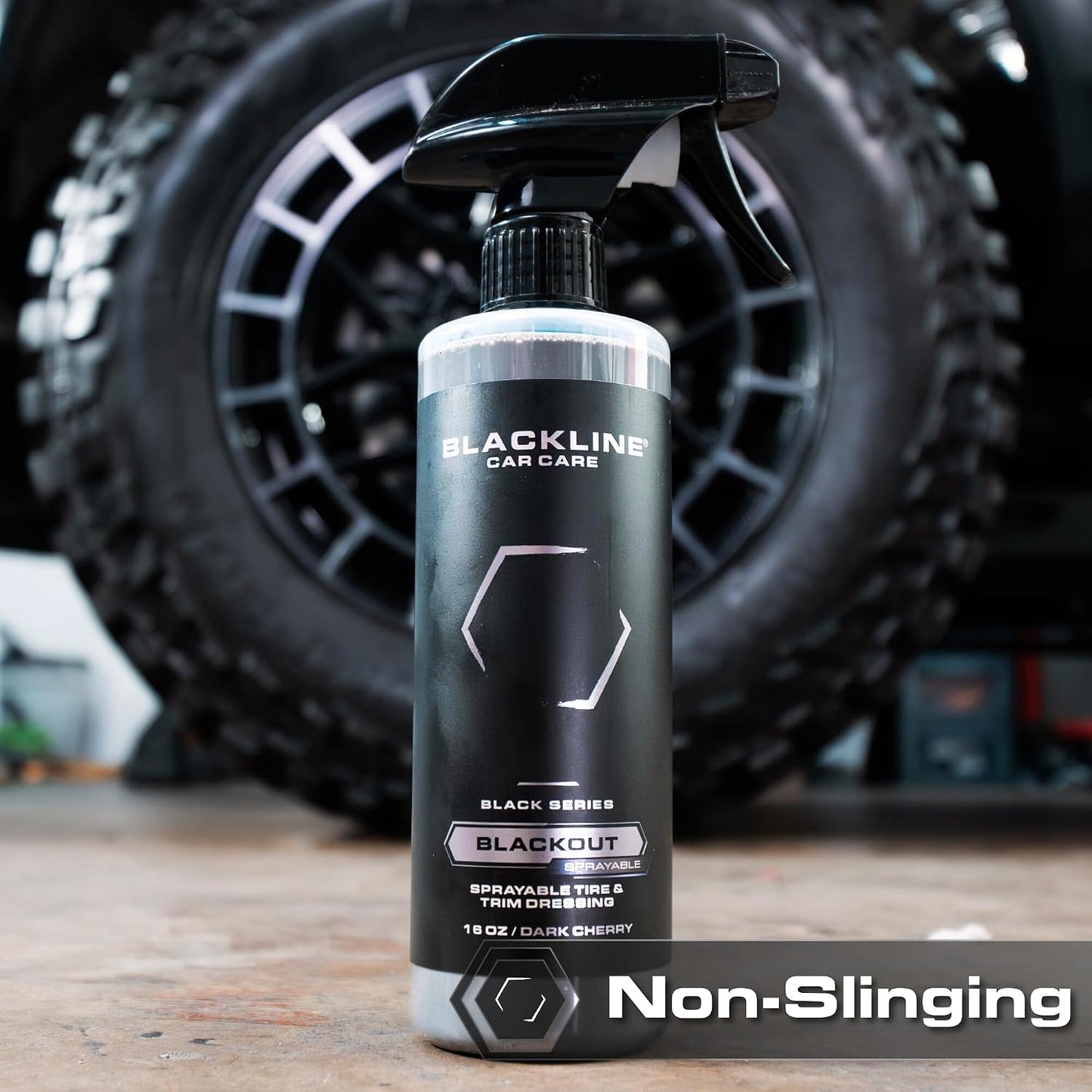 Blackout Sprayable Trim and Tire Dressing - Premium Satin Finish, No Sling, UV and Water Resistant - for Plastic, Rubber, Vinyl, and Tires - Safe for All Vehicles - 16 Fl Oz
