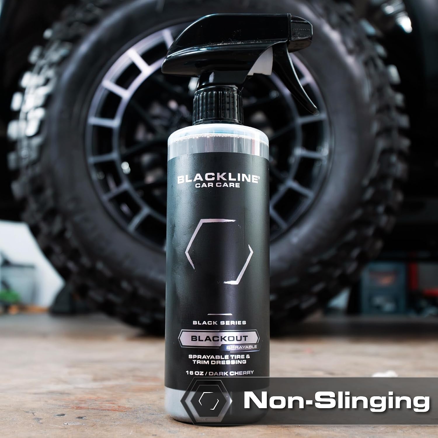 Blackout Sprayable Trim and Tire Dressing - Premium Satin Finish, No Sling, UV and Water Resistant - for Plastic, Rubber, Vinyl, and Tires - Safe for All Vehicles - 16 Fl Oz