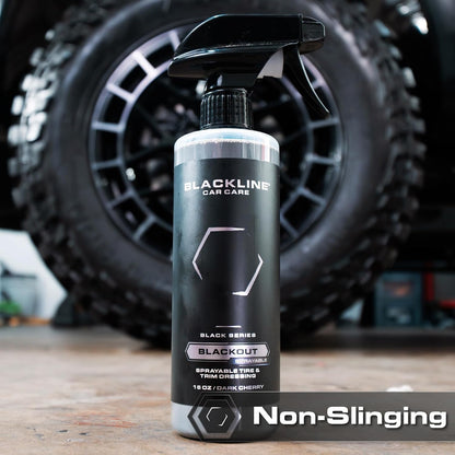 Blackout Sprayable Trim and Tire Dressing - Premium Satin Finish, No Sling, UV and Water Resistant - for Plastic, Rubber, Vinyl, and Tires - Safe for All Vehicles - 16 Fl Oz