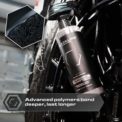 Blackout Sprayable Trim and Tire Dressing - Premium Satin Finish, No Sling, UV and Water Resistant - for Plastic, Rubber, Vinyl, and Tires - Safe for All Vehicles - 16 Fl Oz